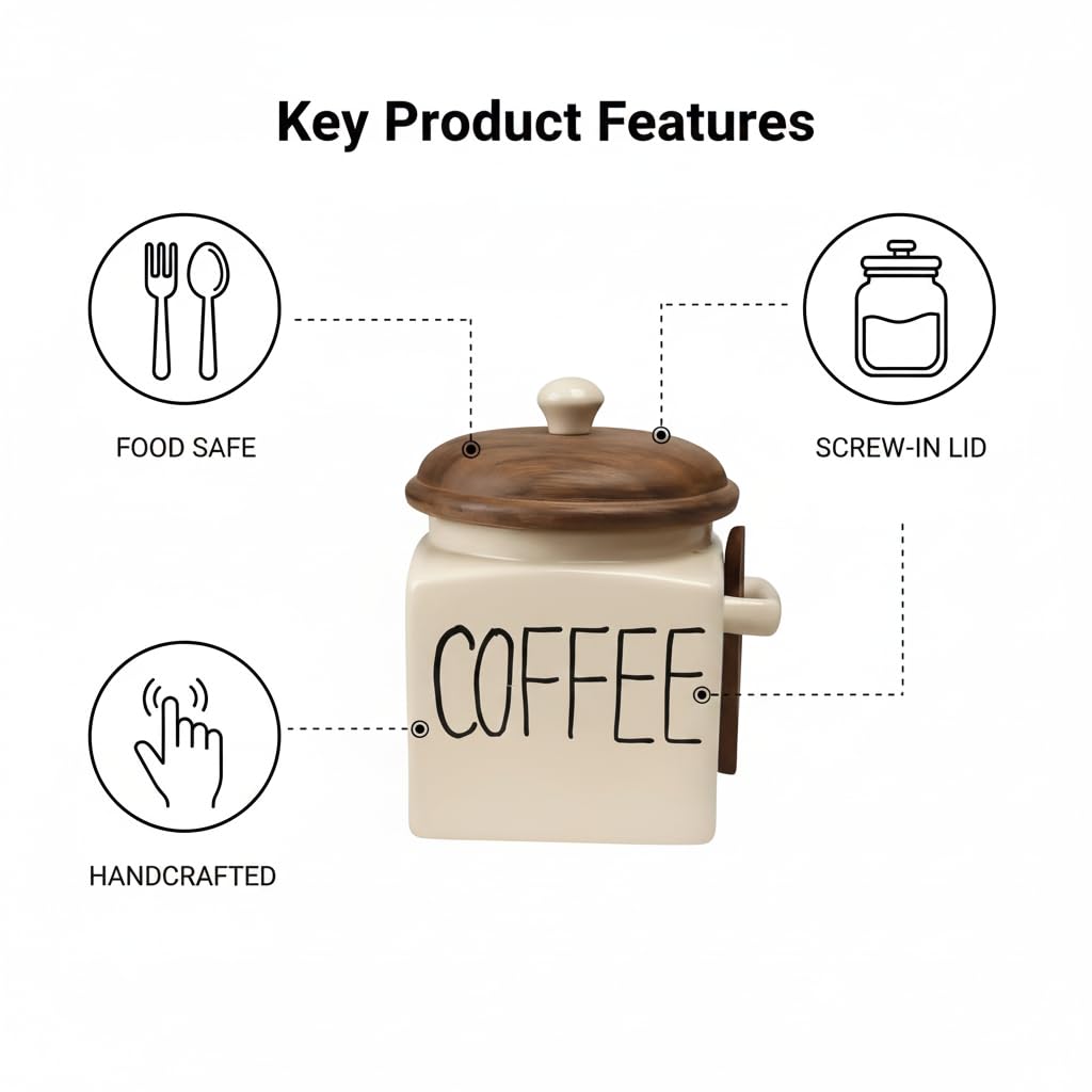 OCEAN STORE Ceramic Storage Canister with Wooden Lid, Cream, 900ml, Handcrafted Airtight Container with Screw-in Lid and Spoon Holder, Food Safe, Microwave Safe, BPA Free (1, Salt)