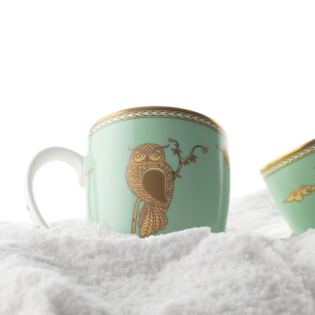 OCEAN STORE Premium Fine Owl Coffee Mug, 180ml Luxury Tea Cup with 24k Gold Detailing, Hand-Painted Finish, Mint Green and Gold (1)