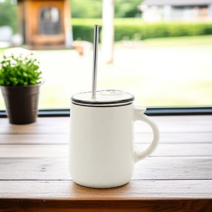 OCEAN STORE Ceramic Tumbler Mug with Lid and Stainless Steel Straw, White, 450ml, Cute Kitten Design, for Hot and Cold Drinks (Pack of 1) (Pack of 1)