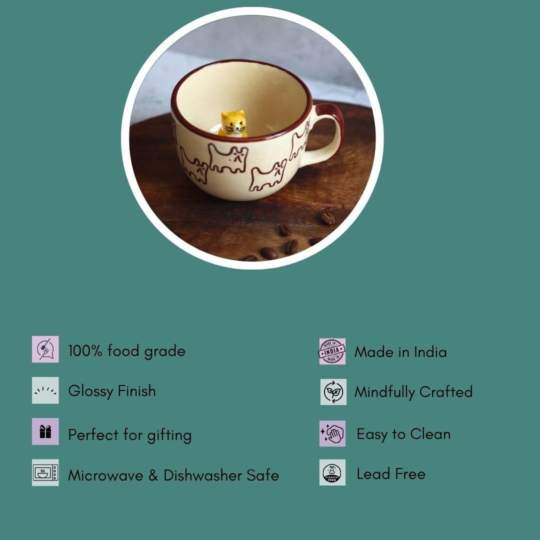 OCEAN STORE Large Cute Cat Surprise Ceramic Coffee Mug/Tea Cup - 3D Hidden Animal Figurine Inside | Microwave & Dishwasher Safe, Lead-Free | Perfect for Gifting (Cream/Brown) (1, 280ml Capacity)