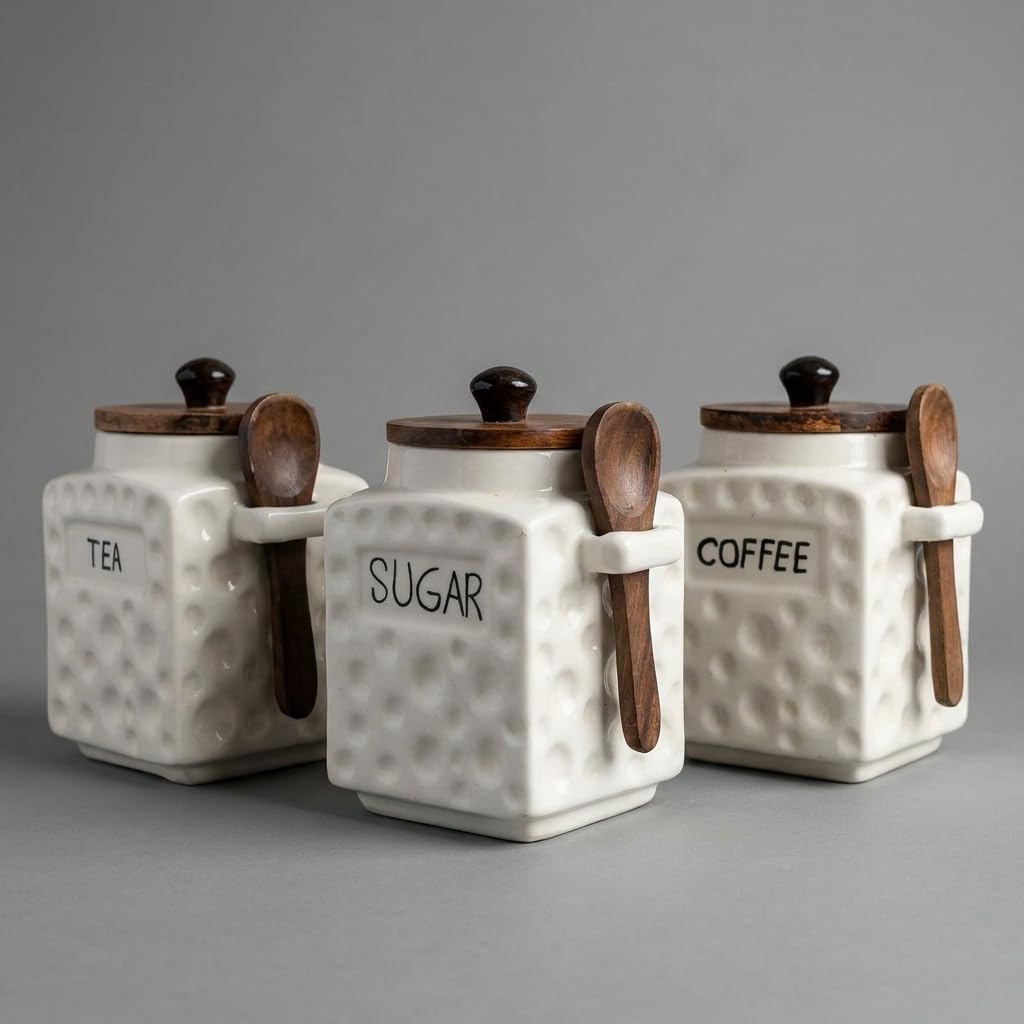 OCEAN STORE Ceramic Dotted Jar Set of 3 with Wooden Lids & Spoons - Airtight Kitchen Storage Canisters for (Sugar + Salt + Coffee)