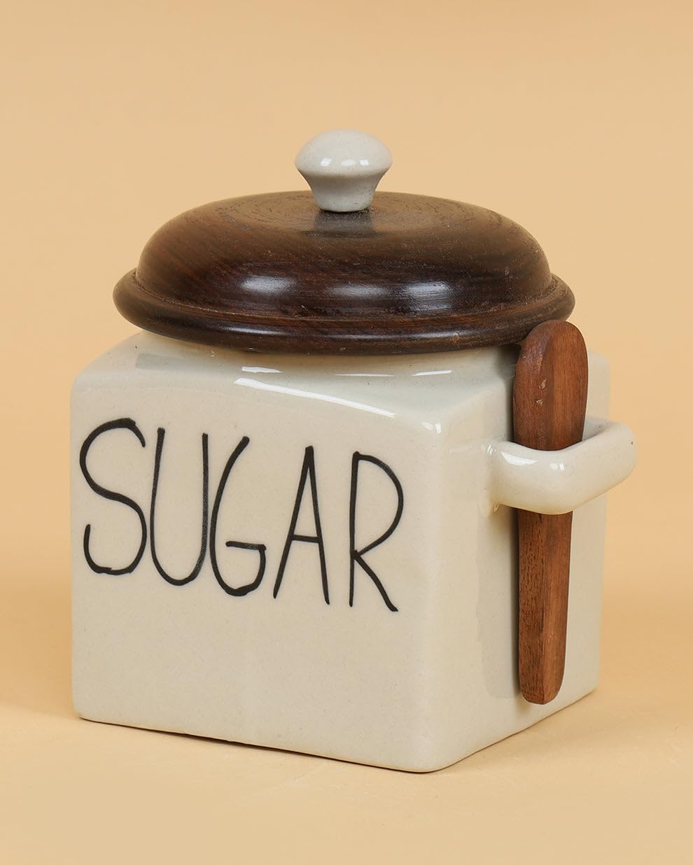 OCEAN STORE Ceramic Storage Canister with Wooden Lid, Cream, 900ml, Handcrafted Airtight Container with Screw-in Lid and Spoon Holder, Food Safe, Microwave Safe, BPA Free (1, Salt)
