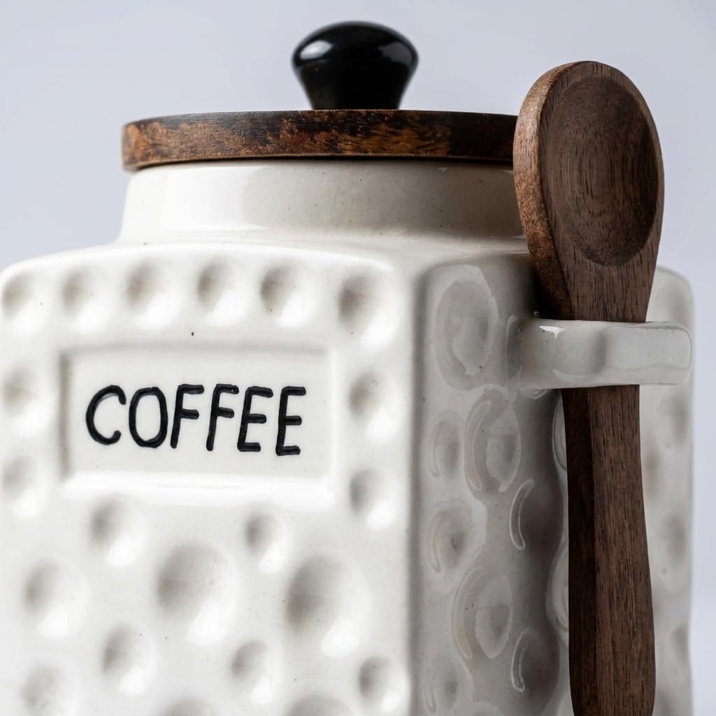 OCEAN STORE Ceramic Dotted Jar Set of 3 with Wooden Lids & Spoons - Airtight Kitchen Storage Canisters for (Sugar + Salt + Coffee)