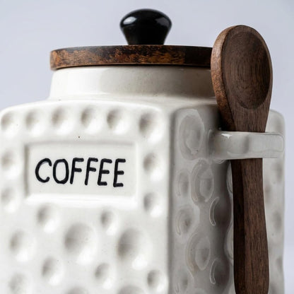 OCEAN STORE Ceramic Dotted Jar Set of 3 with Wooden Lids & Spoons - Airtight Kitchen Storage Canisters for (Sugar + Salt + Coffee)