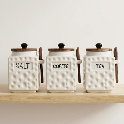 OCEAN STORE Ceramic Dotted Jar Set of 3 with Wooden Lids & Spoons - Airtight Kitchen Storage Canisters for (Sugar + Salt + Coffee)