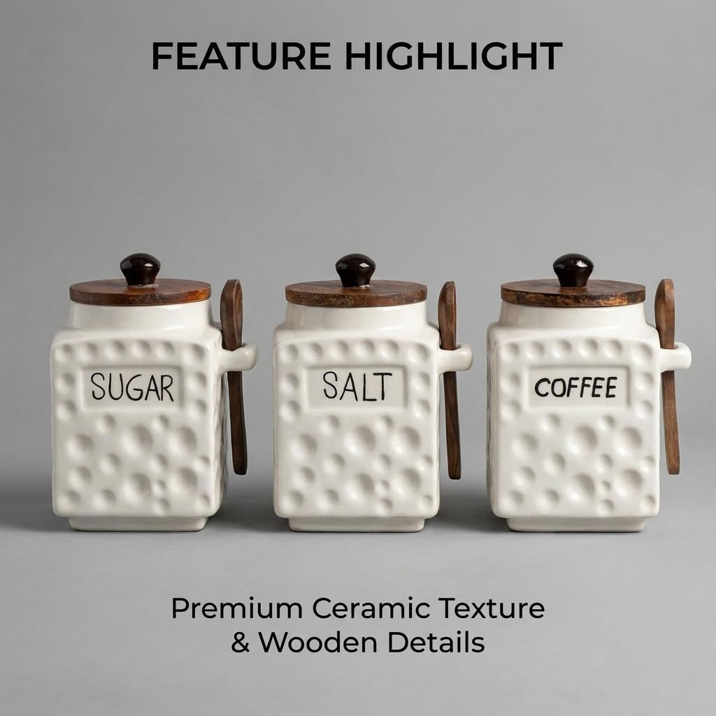 OCEAN STORE Ceramic Dotted Jar Set of 3 with Wooden Lids & Spoons - Airtight Kitchen Storage Canisters for (Sugar + Salt + Coffee)