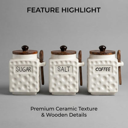 OCEAN STORE Ceramic Dotted Jar Set of 3 with Wooden Lids & Spoons - Airtight Kitchen Storage Canisters for (Sugar + Salt + Coffee)