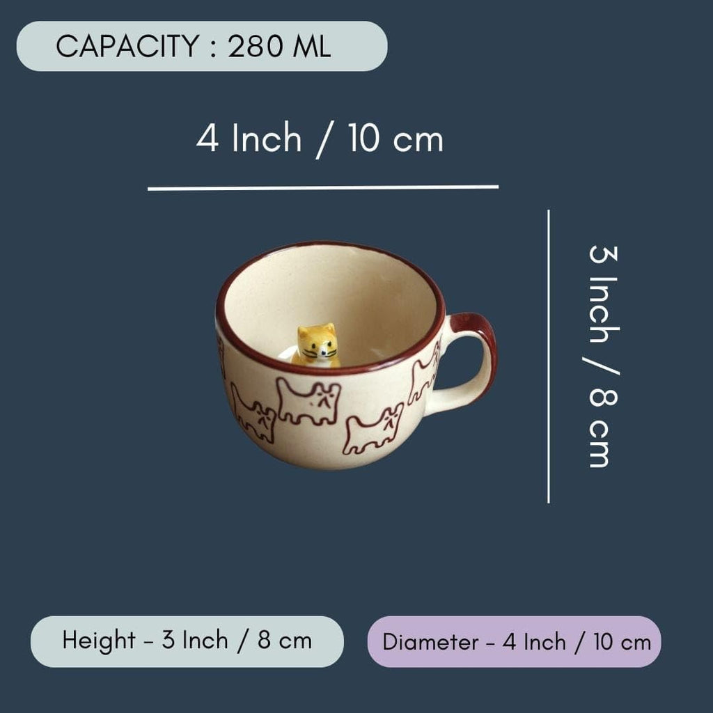 OCEAN STORE Large Cute Cat Surprise Ceramic Coffee Mug/Tea Cup - 3D Hidden Animal Figurine Inside | Microwave & Dishwasher Safe, Lead-Free | Perfect for Gifting (Cream/Brown) (1, 280ml Capacity)