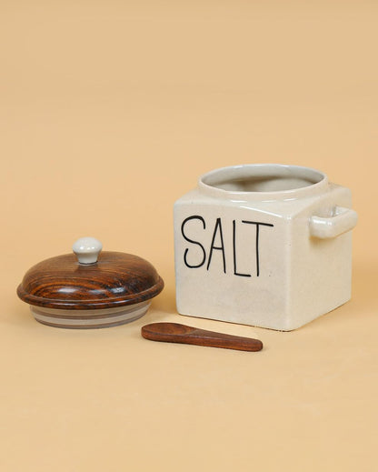 OCEAN STORE Ceramic Storage Canister with Wooden Lid, Cream, 900ml, Handcrafted Airtight Container with Screw-in Lid and Spoon Holder, Food Safe, Microwave Safe, BPA Free (1, Coffee)