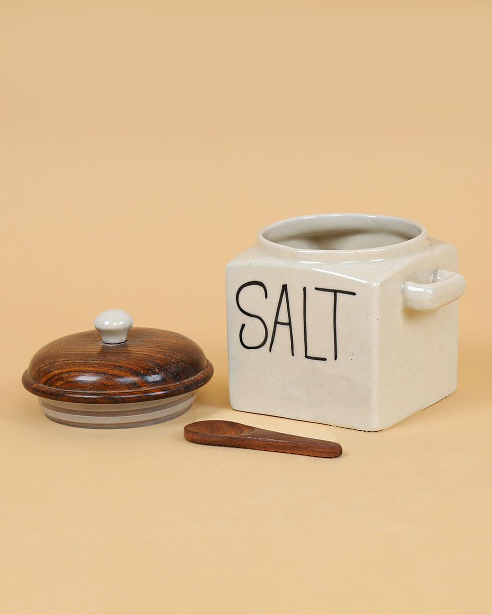 OCEAN STORE Ceramic Storage Canister with Wooden Lid, Cream, 900ml, Handcrafted Airtight Container with Screw-in Lid and Spoon Holder, Food Safe, Microwave Safe, BPA Free (1, Salt)