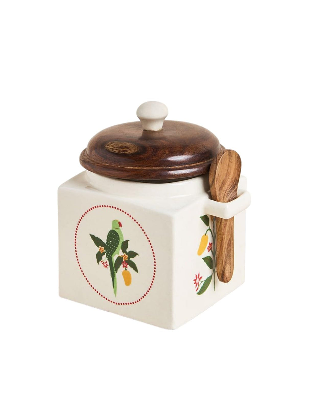 OCEAN STORE Airtight Ceramic Jar with Wooden Lid, 900ml, Cream, Square, Kitchen Container for Sugar, Tea, Salt, Pickles (White)