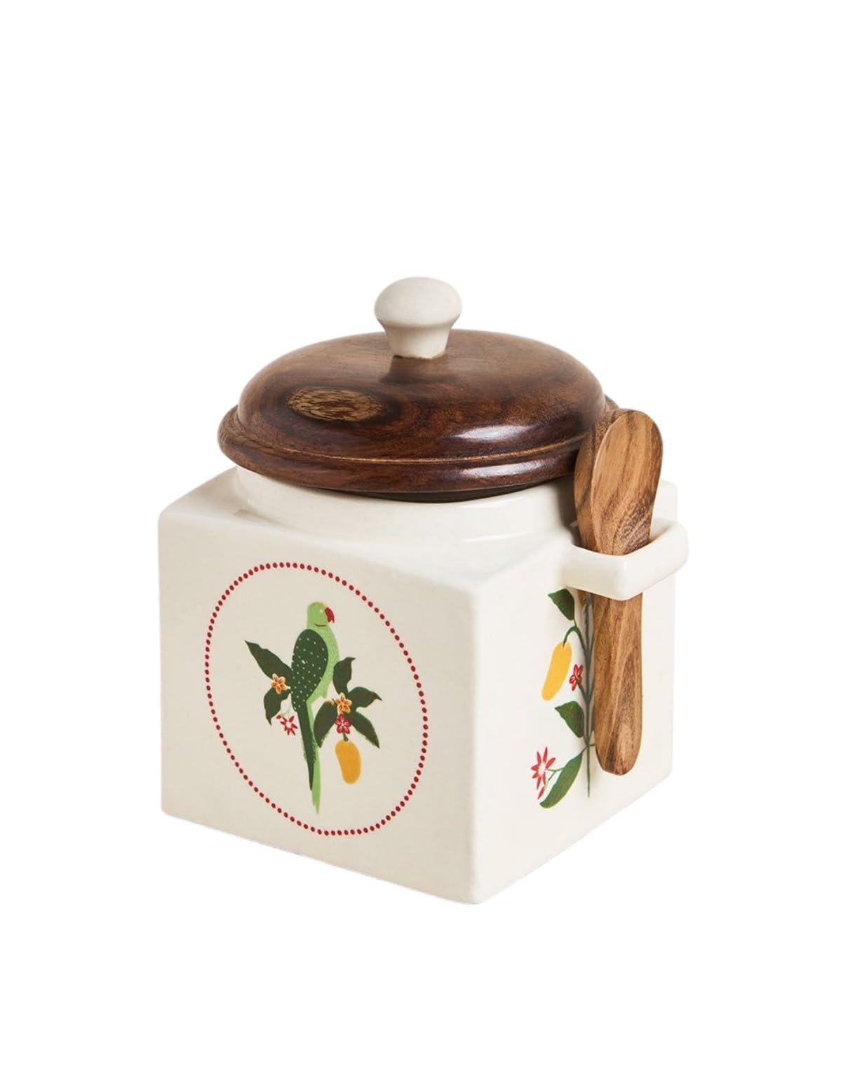 OCEAN STORE Airtight Ceramic Jar with Wooden Lid, 900ml, Cream, Square, Kitchen Container for Sugar, Tea, Salt, Pickles (White)