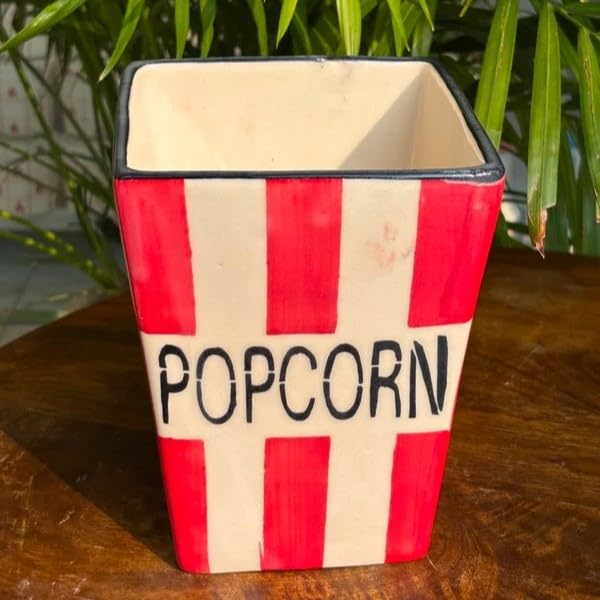 Ocean Store Classic Cinema Popcorn Bucket, Hand-Painted Ceramic Snack Bowl, Red & White Striped Movie Night Serving Basket, 5.5 x 7 Inch