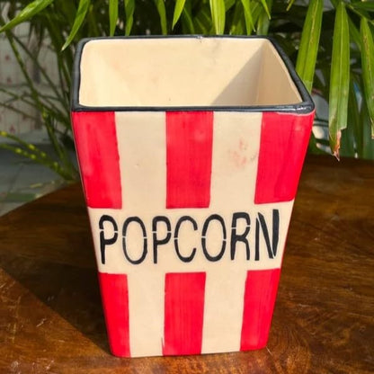 Ocean Store Classic Cinema Popcorn Bucket, Hand-Painted Ceramic Snack Bowl, Red & White Striped Movie Night Serving Basket, 5.5 x 7 Inch