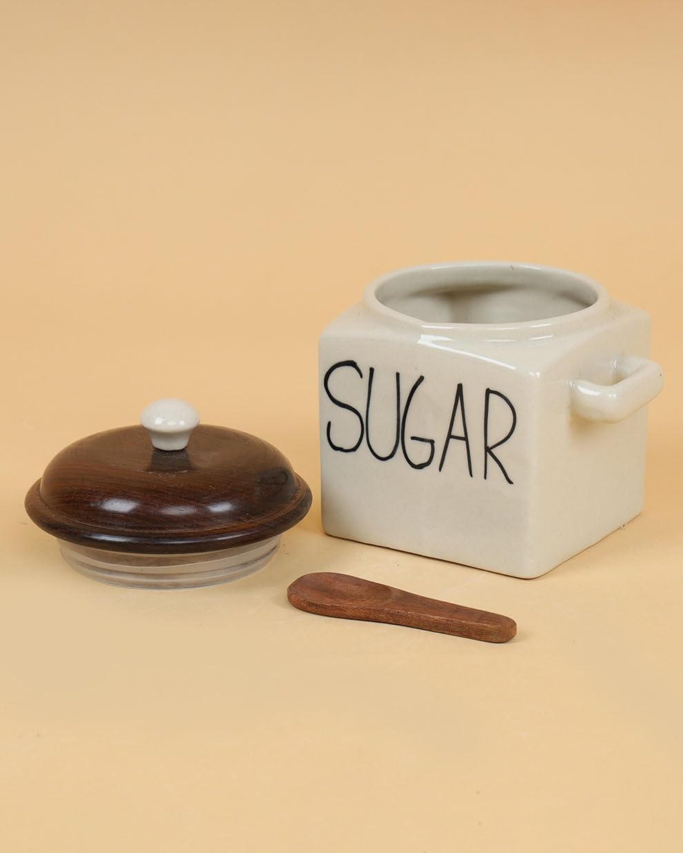 OCEAN STORE Ceramic Storage Canister with Wooden Lid, Cream, 900ml, Handcrafted Airtight Container with Screw-in Lid and Spoon Holder, Food Safe, Microwave Safe, BPA Free (1, Salt)