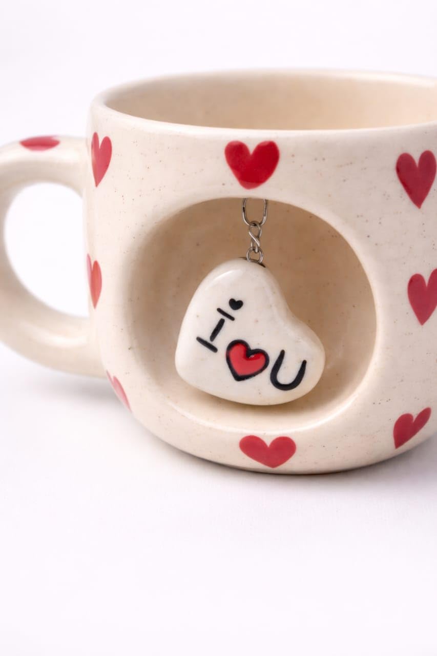 OCEAN STORE Ceramic Coffee Mug 350ml with 3D Hanging Heart Pendant, Hand-Painted Heart Patterns, Speckled Finish, Dangling Charm (1, White & Red)