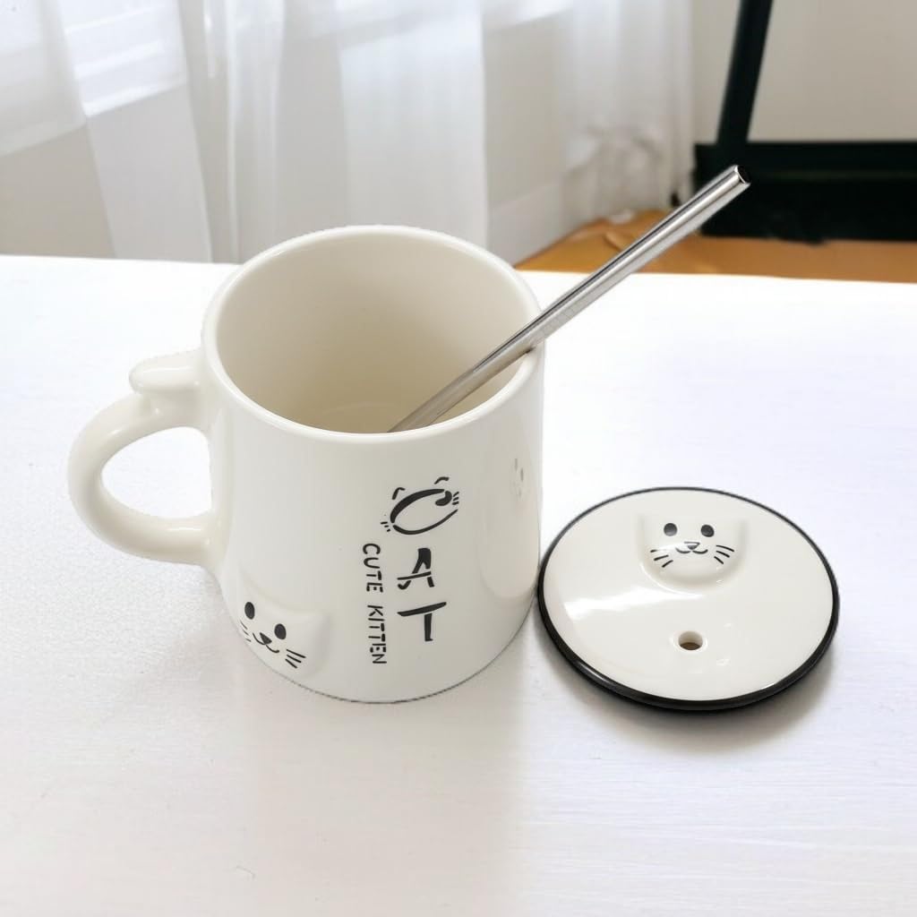 OCEAN STORE Ceramic Tumbler Mug with Lid and Stainless Steel Straw, White, 450ml, Cute Kitten Design, for Hot and Cold Drinks (Pack of 1) (Pack of 1)