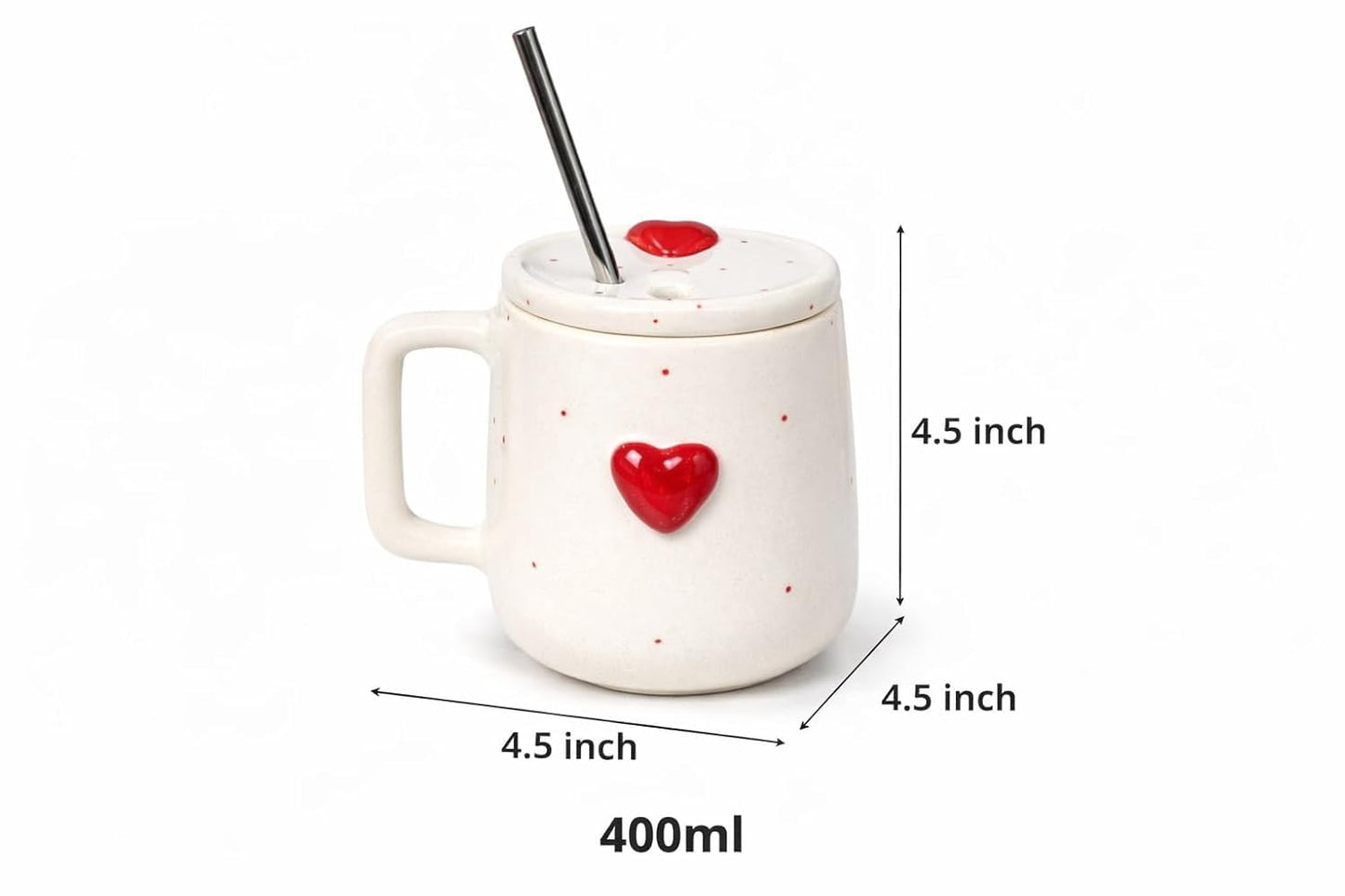 OCEAN STORE Ceramic Coffee Mug with Lid and Stainless Steel Straw (450ml) – Handcrafted 3D Heart Embossed Reusable Tumbler for Tea, Coffee, and Milk (Pack of 1) (Pack of 1)
