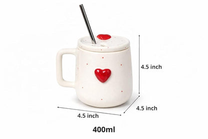 OCEAN STORE Ceramic Coffee Mug with Lid and Stainless Steel Straw (450ml) – Handcrafted 3D Heart Embossed Reusable Tumbler for Tea, Coffee, and Milk (Pack of 1) (Pack of 1)