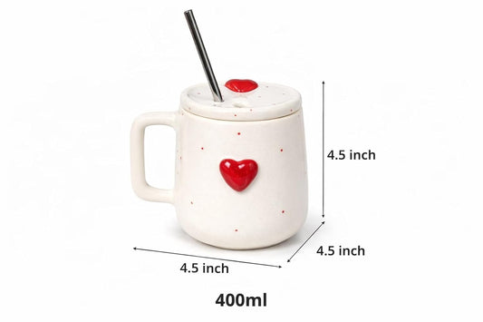 OCEAN STORE Ceramic Coffee Mug with Lid and Stainless Steel Straw (450ml) – Handcrafted 3D Heart Embossed Reusable Tumbler for Tea, Coffee, and Milk (Pack of 1) (Pack of 1)