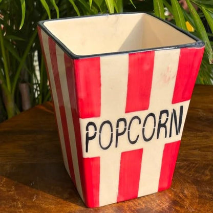Ocean Store Classic Cinema Popcorn Bucket, Hand-Painted Ceramic Snack Bowl, Red & White Striped Movie Night Serving Basket, 5.5 x 7 Inch