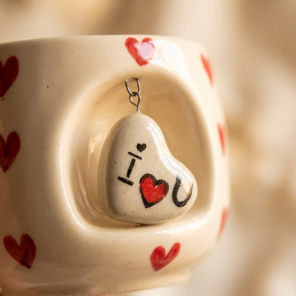 OCEAN STORE Ceramic Coffee Mug 350ml with 3D Hanging Heart Pendant, Hand-Painted Heart Patterns, Speckled Finish, Dangling Charm (1, White & Red)