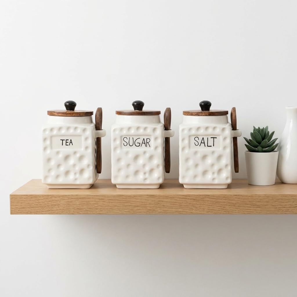 OCEAN STORE Ceramic Dotted Jar Set of 3 with Wooden Lids & Spoons - Airtight Kitchen Storage Canisters for (Sugar + Salt + Coffee)