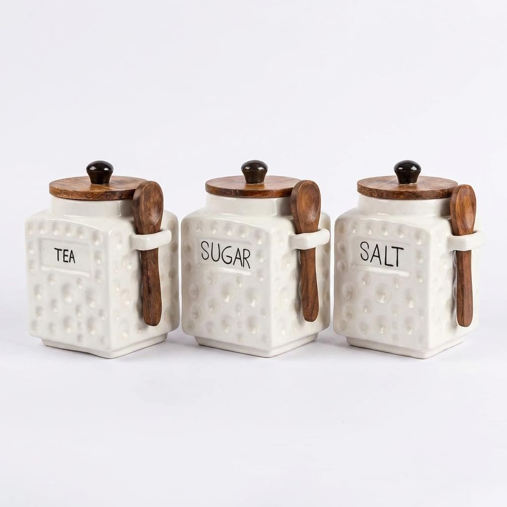 OCEAN STORE Ceramic Dotted Jar Set of 3 with Wooden Lids & Spoons - Airtight Kitchen Storage Canisters for (Sugar + Salt + Coffee)