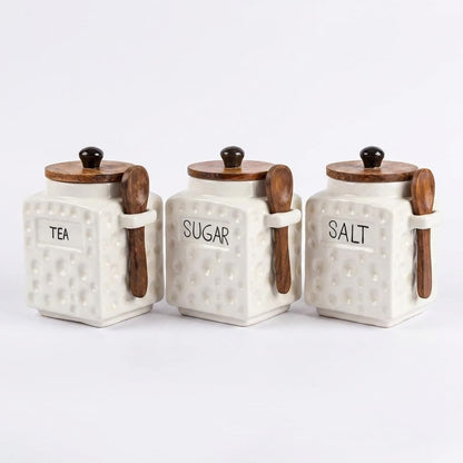 OCEAN STORE Ceramic Dotted Jar Set of 3 with Wooden Lids & Spoons - Airtight Kitchen Storage Canisters for (Sugar + Salt + Coffee)