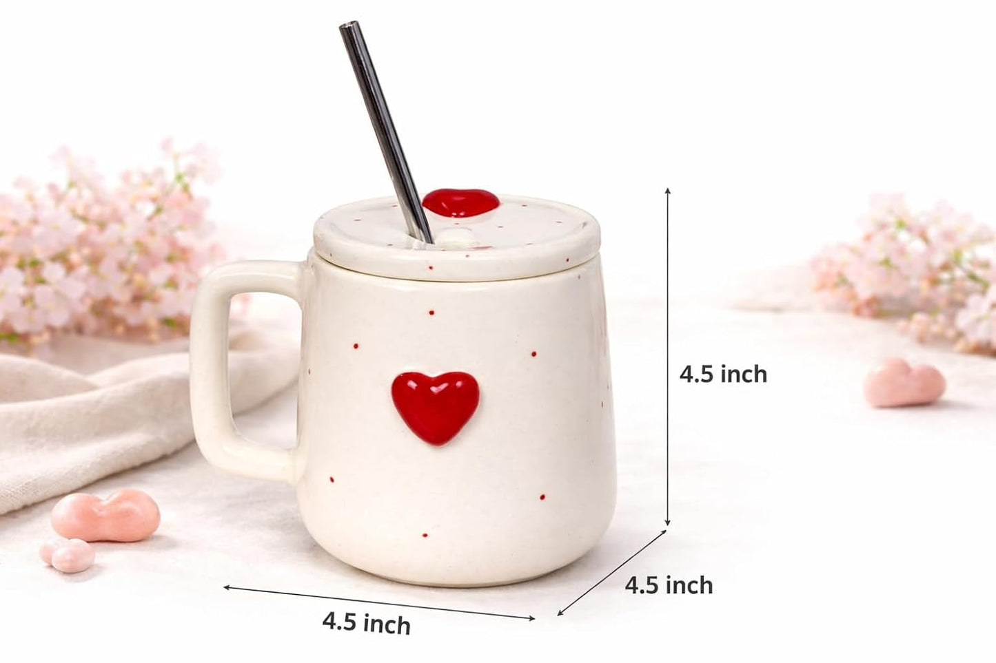 OCEAN STORE Ceramic Coffee Mug with Lid and Stainless Steel Straw (450ml) – Handcrafted 3D Heart Embossed Reusable Tumbler for Tea, Coffee, and Milk (Pack of 1) (Pack of 1)