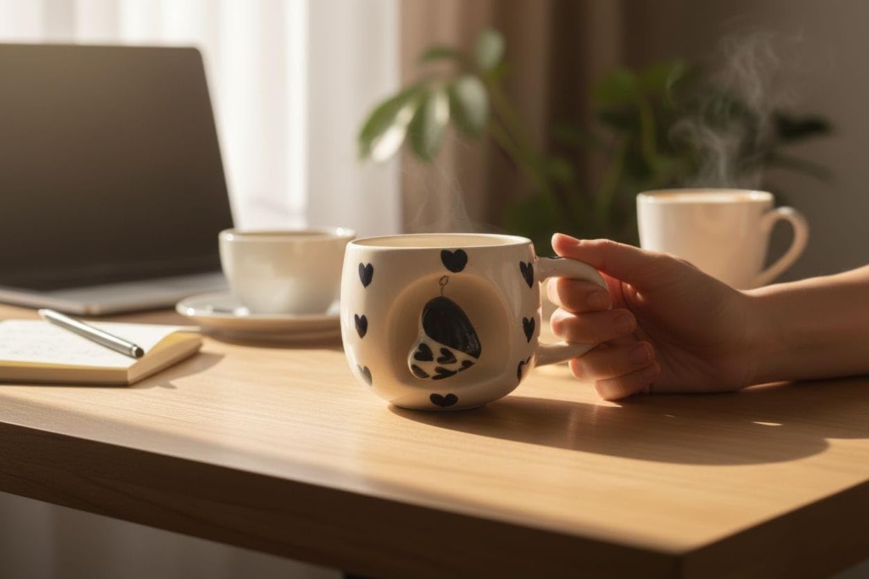 OCEAN STORE Ceramic Coffee Mug 350ml with 3D Hanging Heart Pendant, Hand-Painted Heart Patterns, Speckled Finish, Dangling Charm (1, White & Red)