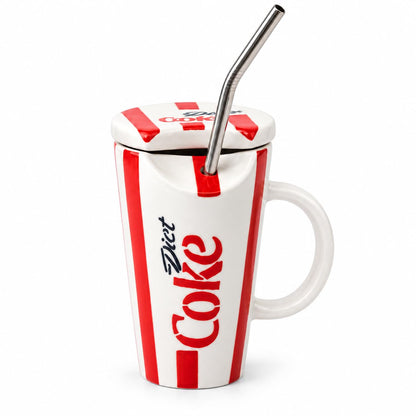 OCEAN STORE Ceramic Sipper Mug with Lid and Steel Straw, 400 ml, Red and White Striped Drinking Cup with Handle for Home and Office, Set of 1