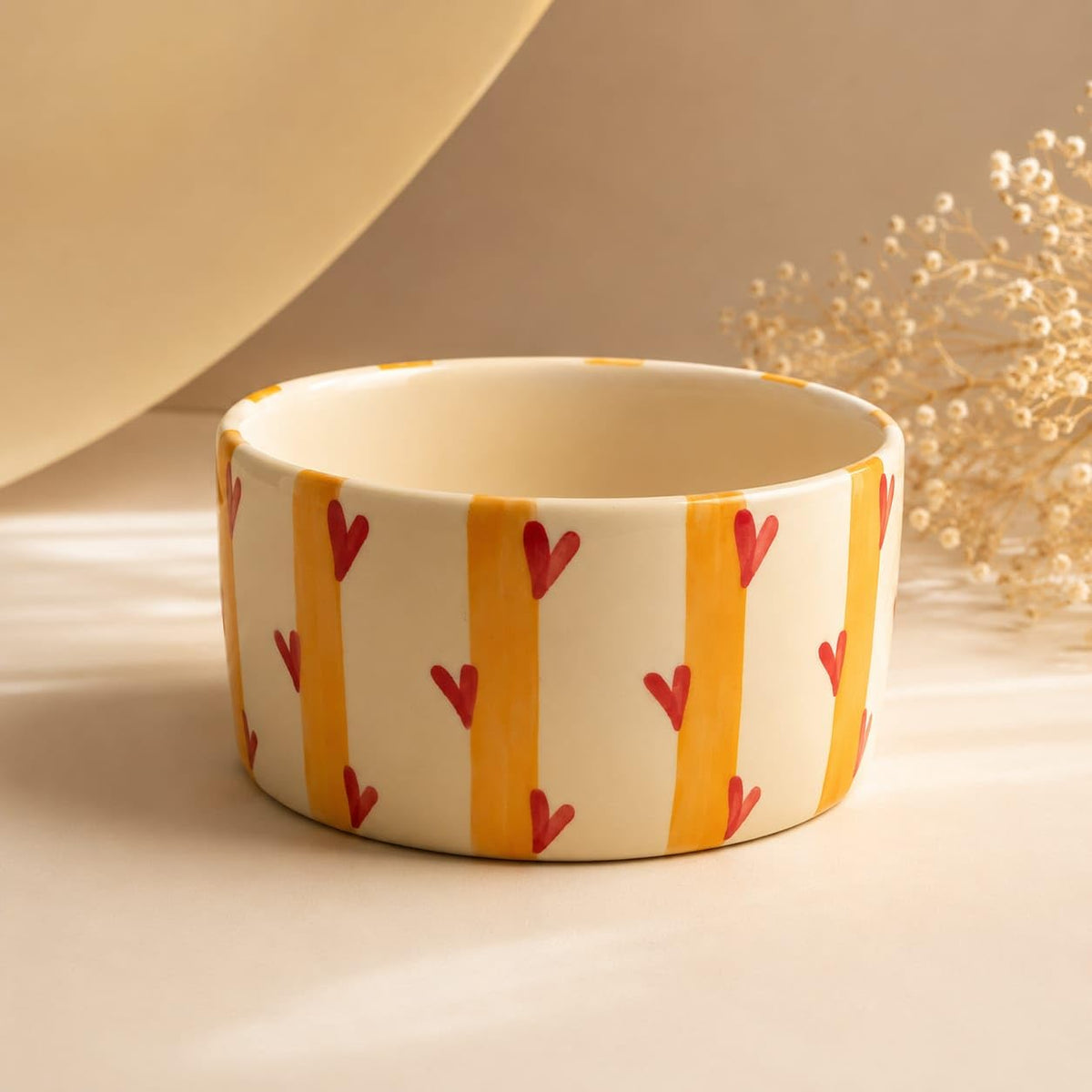 OCEAN STORE Hand-Painted Premium Ceramic Bowl | Yellow Stripes with Red Hearts | 250ml Microwave & Dishwasher Safe Small Round Serving Bowl for Snacks, Fruits & Desserts (Set of 1)