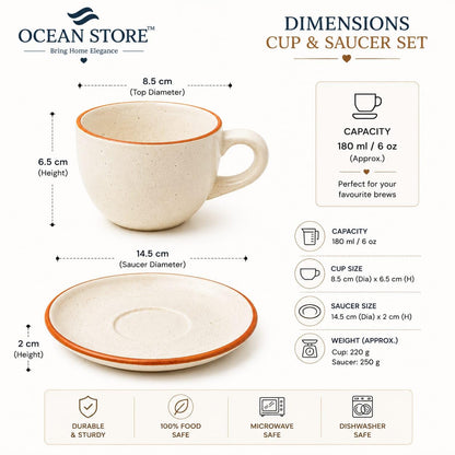 OCEAN STORE Ceramic Natural White Dotted Tea Cup and Saucer | 75 ML Capacity | Durable Stoneware for Espresso, Tea, and Herbal Infusions | Microwave & Dishwasher Safe, Antique Style (2)