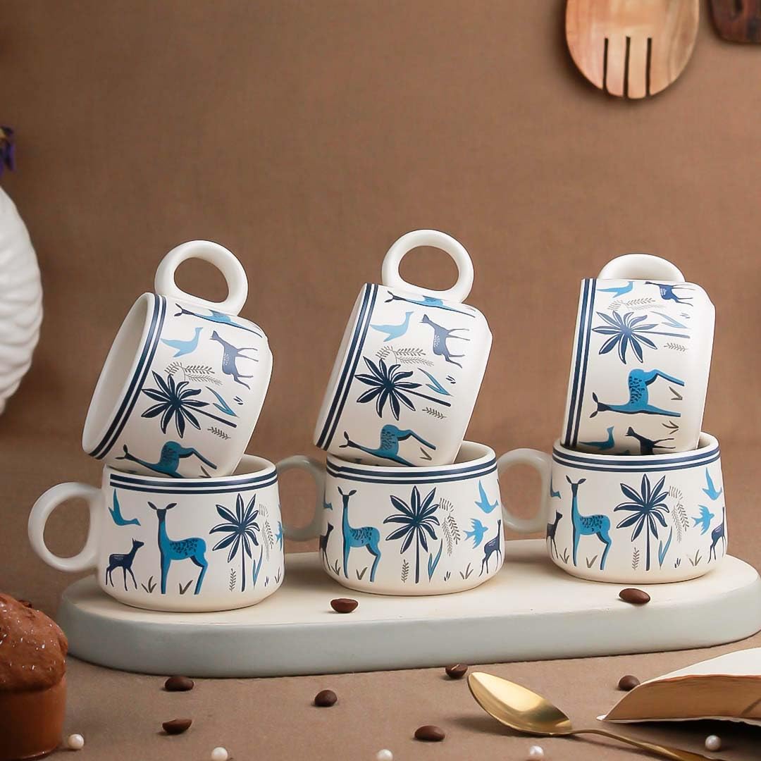 OCEAN STORE Stag Blue Ceramic Tea Cups Set of 6, Small Coffee Chai Serving Cups, 75 ML, Microwave Safe, Antique Style, Round Shape, Lead-Free