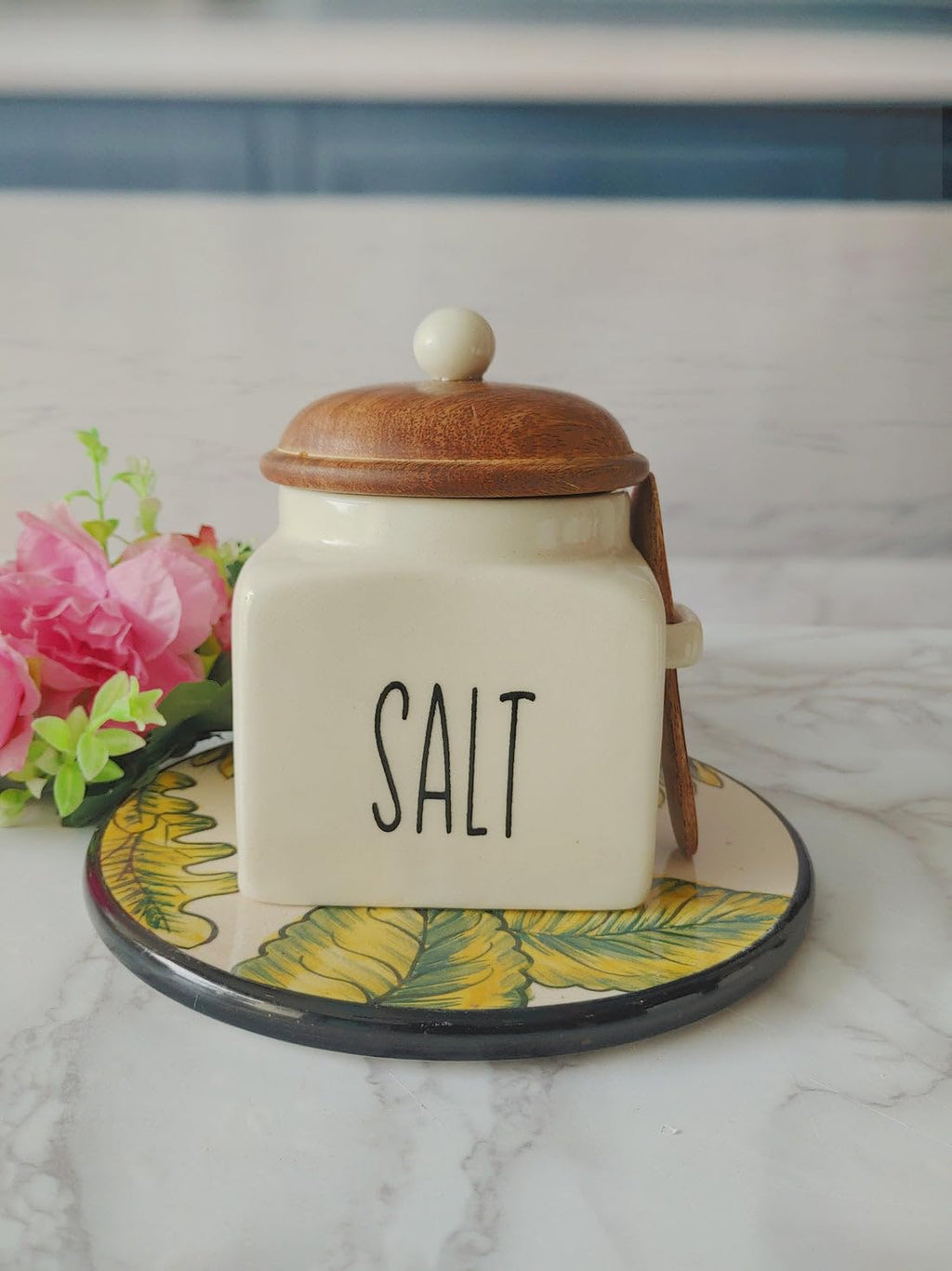 OCEAN STORE Ceramic Storage Canister with Wooden Lid, Cream, 900ml, Handcrafted Airtight Container with Screw-in Lid and Spoon Holder, Food Safe, Microwave Safe, BPA Free (1, Salt)