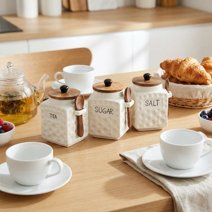 OCEAN STORE Ceramic Dotted Jar Set of 3 with Wooden Lids & Spoons - Airtight Kitchen Storage Canisters for (Sugar + Salt + Coffee)