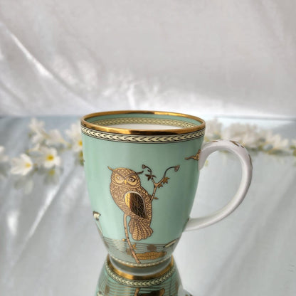 OCEAN STORE Premium Fine Owl Coffee Mug, 180ml Luxury Tea Cup with 24k Gold Detailing, Hand-Painted Finish, Mint Green and Gold (1)