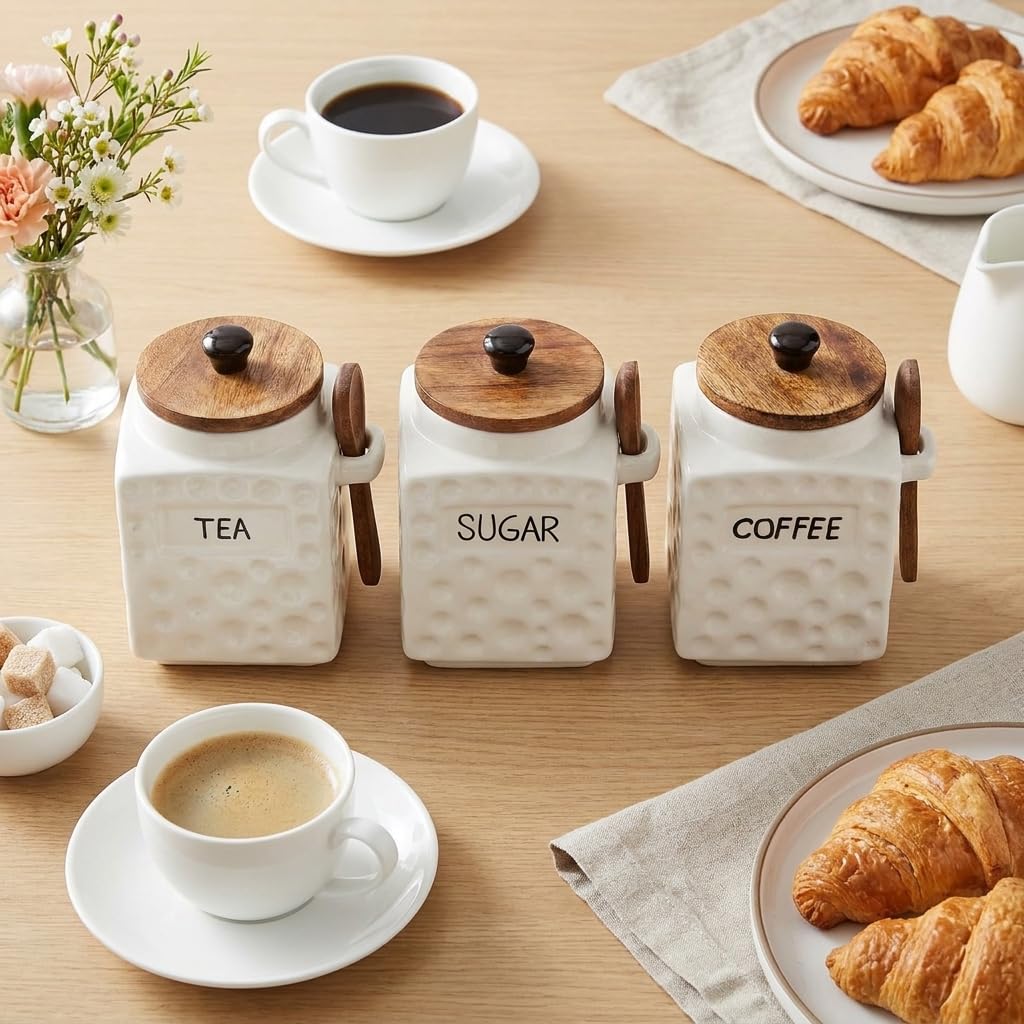 OCEAN STORE Ceramic Dotted Jar Set of 3 with Wooden Lids & Spoons - Airtight Kitchen Storage Canisters for (Sugar + Salt + Coffee)