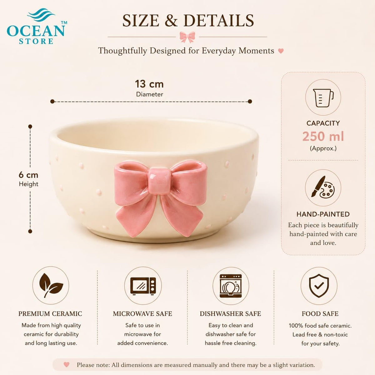OCEAN STORE Cute Ceramic Bowl with Bow Accent, 250ml Hand-Painted Polka Dot Multipurpose Serving Bowl for Ice Cream, Soup, Snacks, and Noodles (Pink Bow, Set of 1)