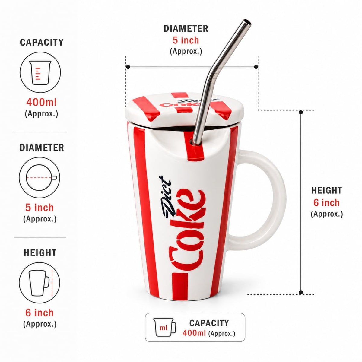 OCEAN STORE Ceramic Sipper Mug with Lid and Steel Straw, 400 ml, Red and White Striped Drinking Cup with Handle for Home and Office, Set of 1