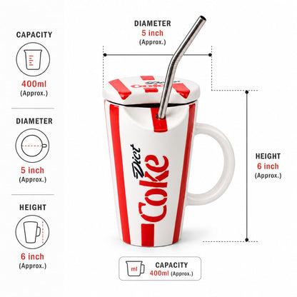 OCEAN STORE Ceramic Sipper Mug with Lid and Steel Straw, 400 ml, Red and White Striped Drinking Cup with Handle for Home and Office, Set of 1