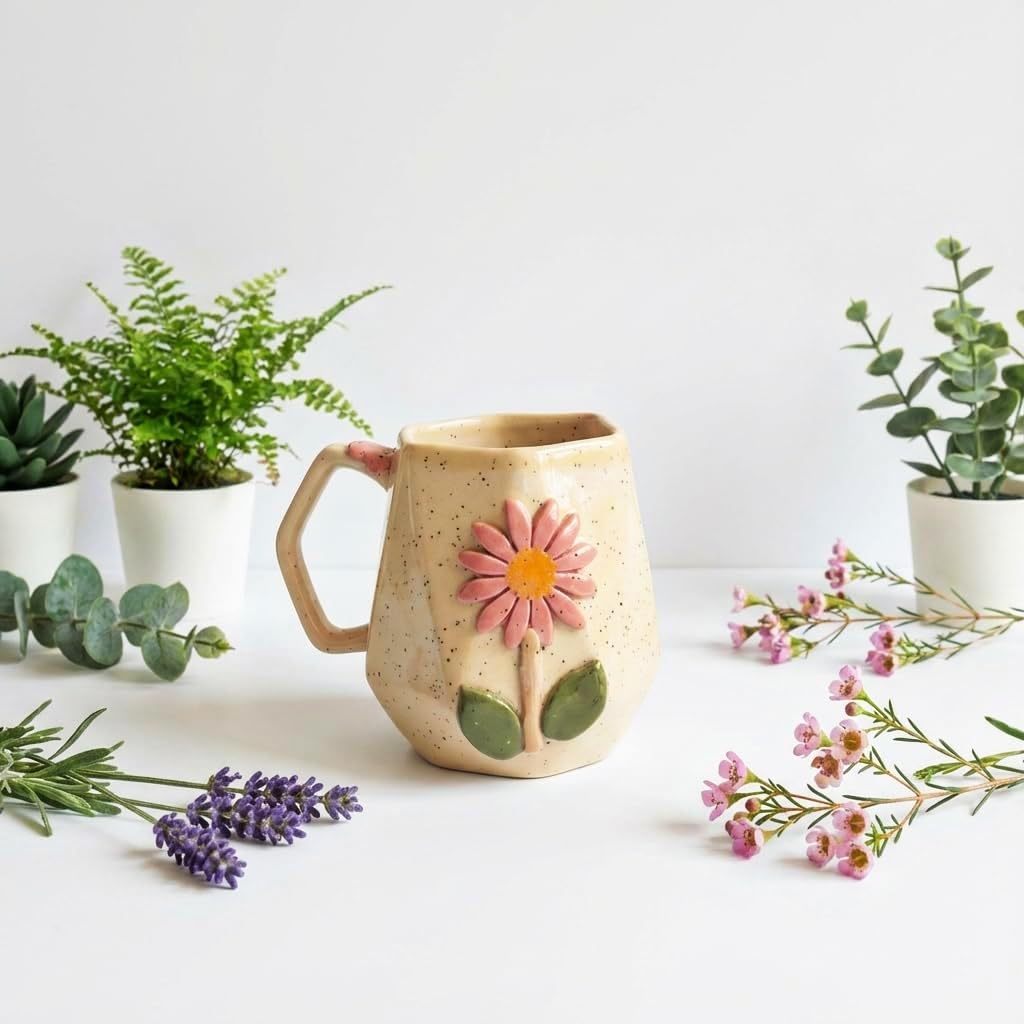 OCEAN STORE Ceramic Hexagonal Flower 240ml Coffee Mug – 3D Floral Design, Aesthetic Hand-Painted Tea Cup for Home & Office, Unique Gift for Women & Girls (Light Green)