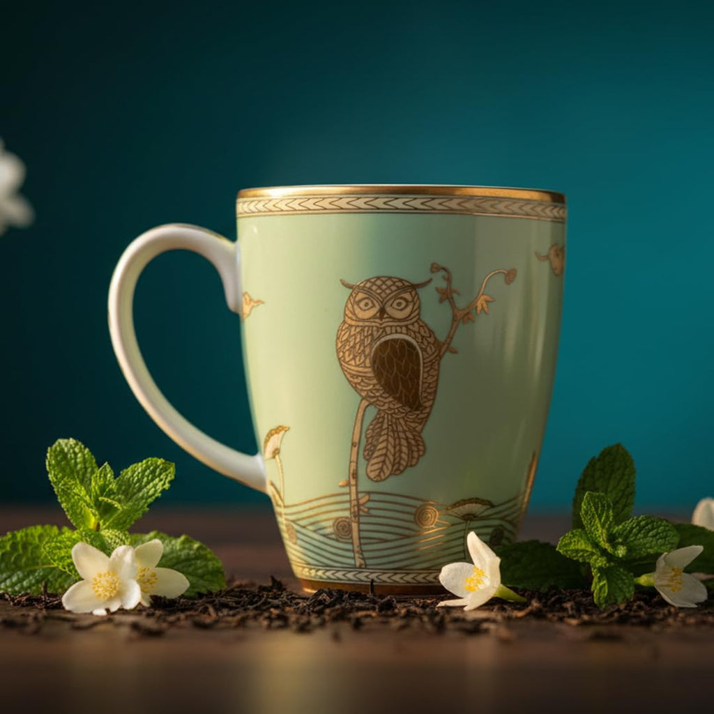 OCEAN STORE Premium Fine Owl Coffee Mug, 180ml Luxury Tea Cup with 24k Gold Detailing, Hand-Painted Finish, Mint Green and Gold (1)