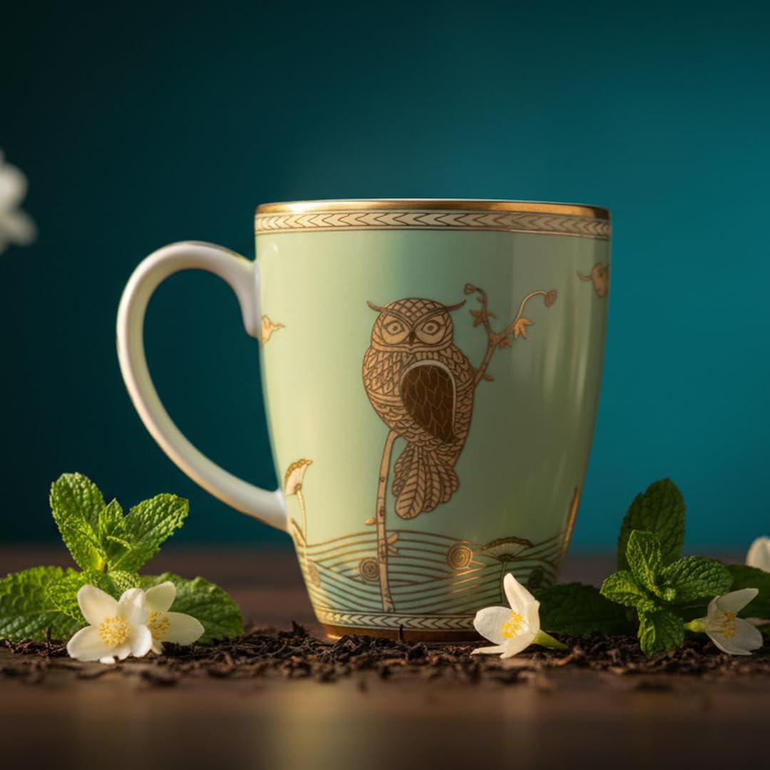 OCEAN STORE Premium Fine Owl Coffee Mug, 180ml Luxury Tea Cup with 24k Gold Detailing, Hand-Painted Finish, Mint Green and Gold (1)