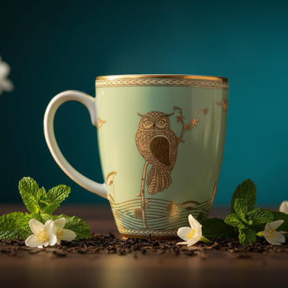 OCEAN STORE Premium Fine Owl Coffee Mug, 180ml Luxury Tea Cup with 24k Gold Detailing, Hand-Painted Finish, Mint Green and Gold (1)