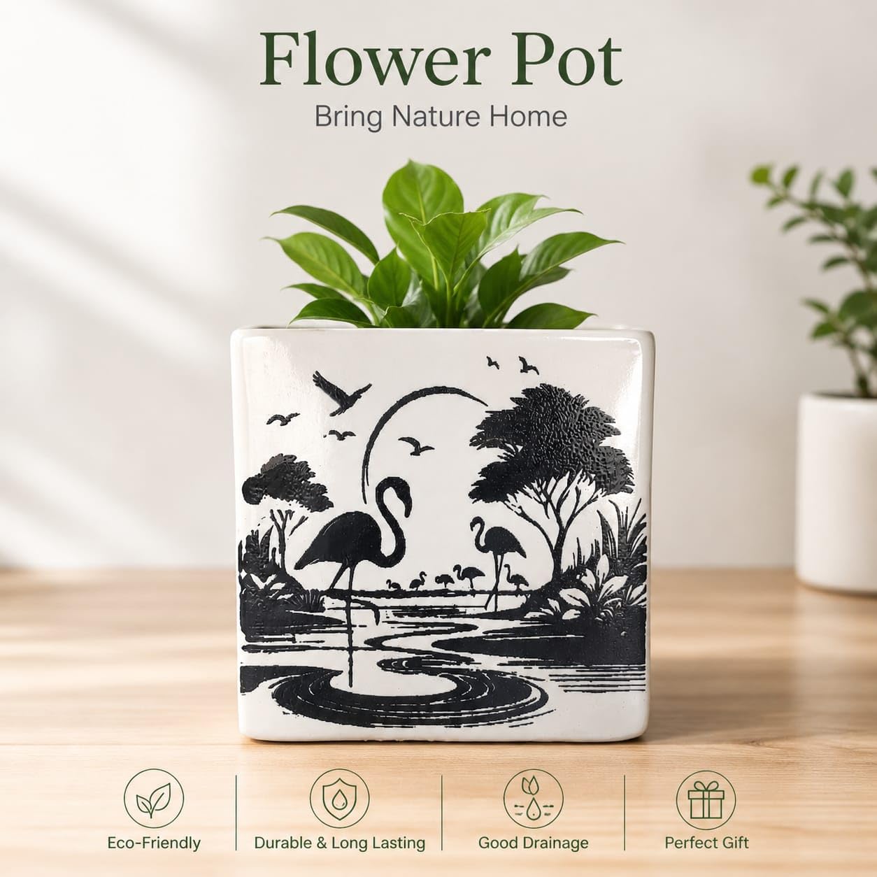 OCEAN STORE Ceramic Square Flower Pot - 10cm Flamingo Design Planter with Drainage Hole for Succulents, Herbs, Indoor Home & Office Decor