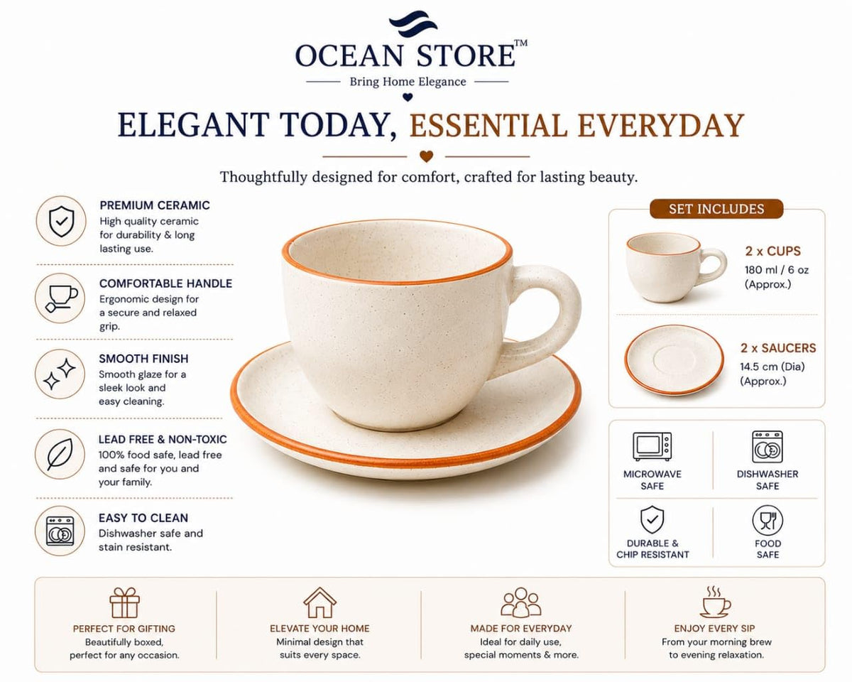 OCEAN STORE Ceramic Natural White Dotted Tea Cup and Saucer | 75 ML Capacity | Durable Stoneware for Espresso, Tea, and Herbal Infusions | Microwave & Dishwasher Safe, Antique Style (2)