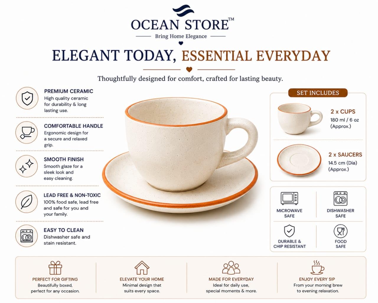 OCEAN STORE Ceramic Natural White Dotted Tea Cup and Saucer | 75 ML Capacity | Durable Stoneware for Espresso, Tea, and Herbal Infusions | Microwave & Dishwasher Safe, Antique Style (2)