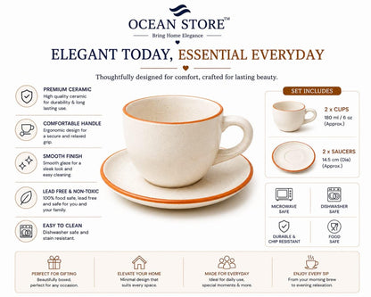 OCEAN STORE Ceramic Natural White Dotted Tea Cup and Saucer | 75 ML Capacity | Durable Stoneware for Espresso, Tea, and Herbal Infusions | Microwave & Dishwasher Safe, Antique Style (2)